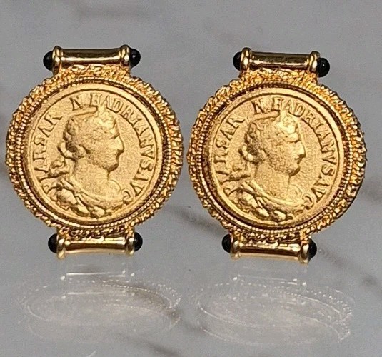 Amazing Unsigned Yellow Gold Plated Faux Coin Black Glass Clip On Earrings