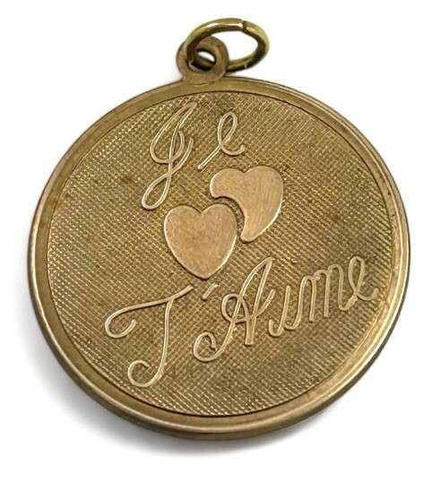 Vintage Charm French I Love You Medallion Pendant Tarnished Brass Jewelry Gift