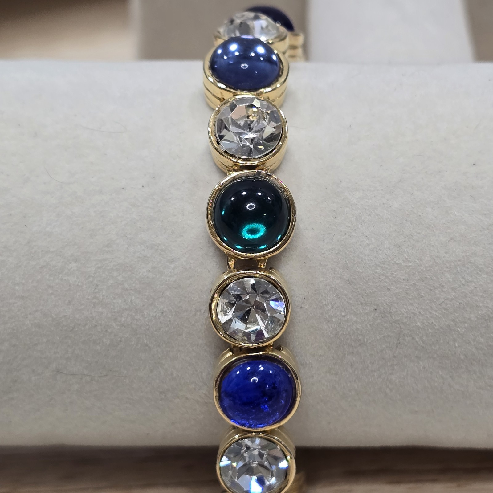 Vintage Les Bernard Bracelet Clear Rhinestones And Blue Green Purple Cabochons