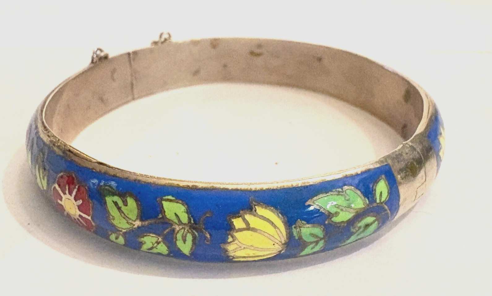 Vintage Sterling Silver Enameled Bracelet blue red yellow flowers 1930’S