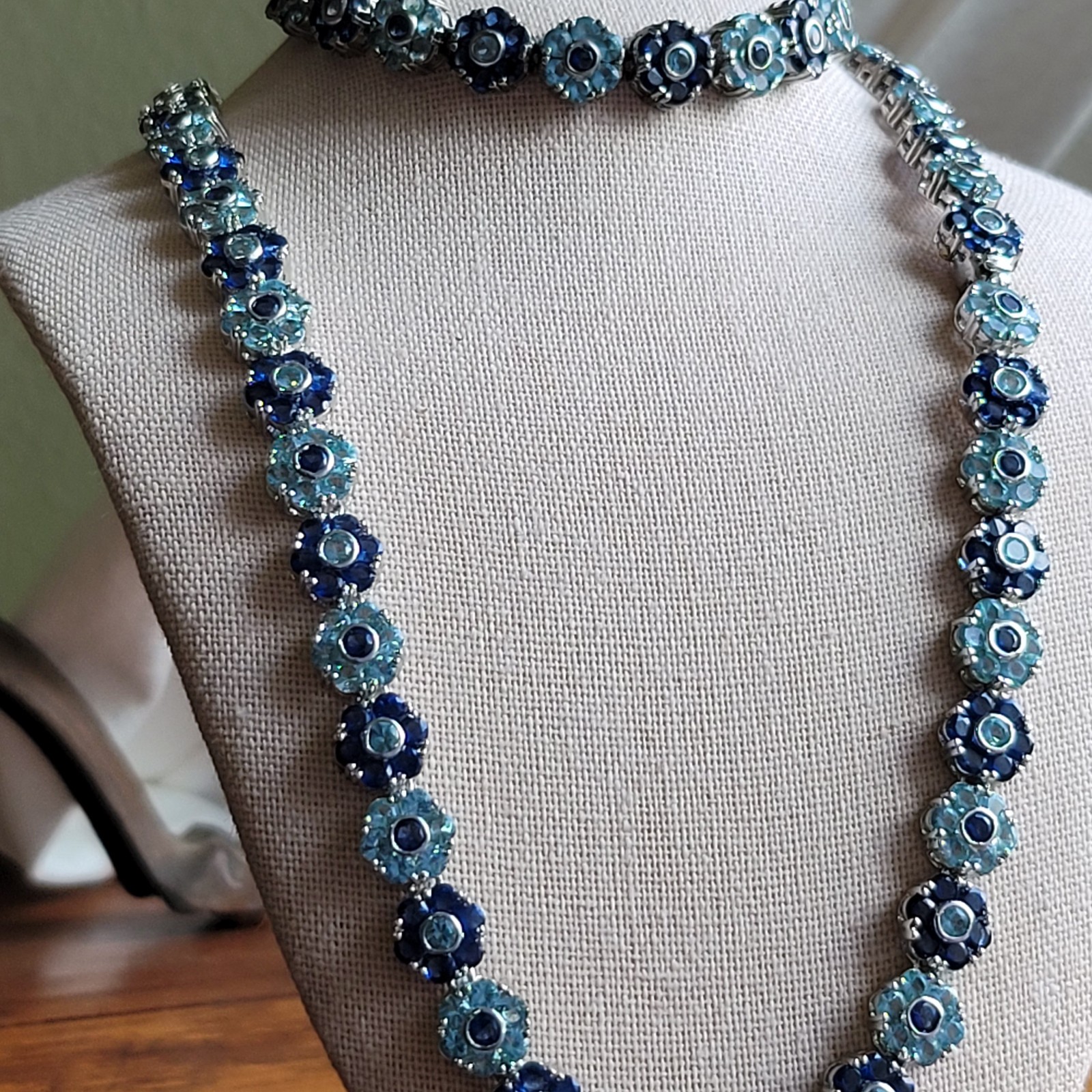 Silver Tone Blue Flower Necklace and Matching Bracelet Set Handmade