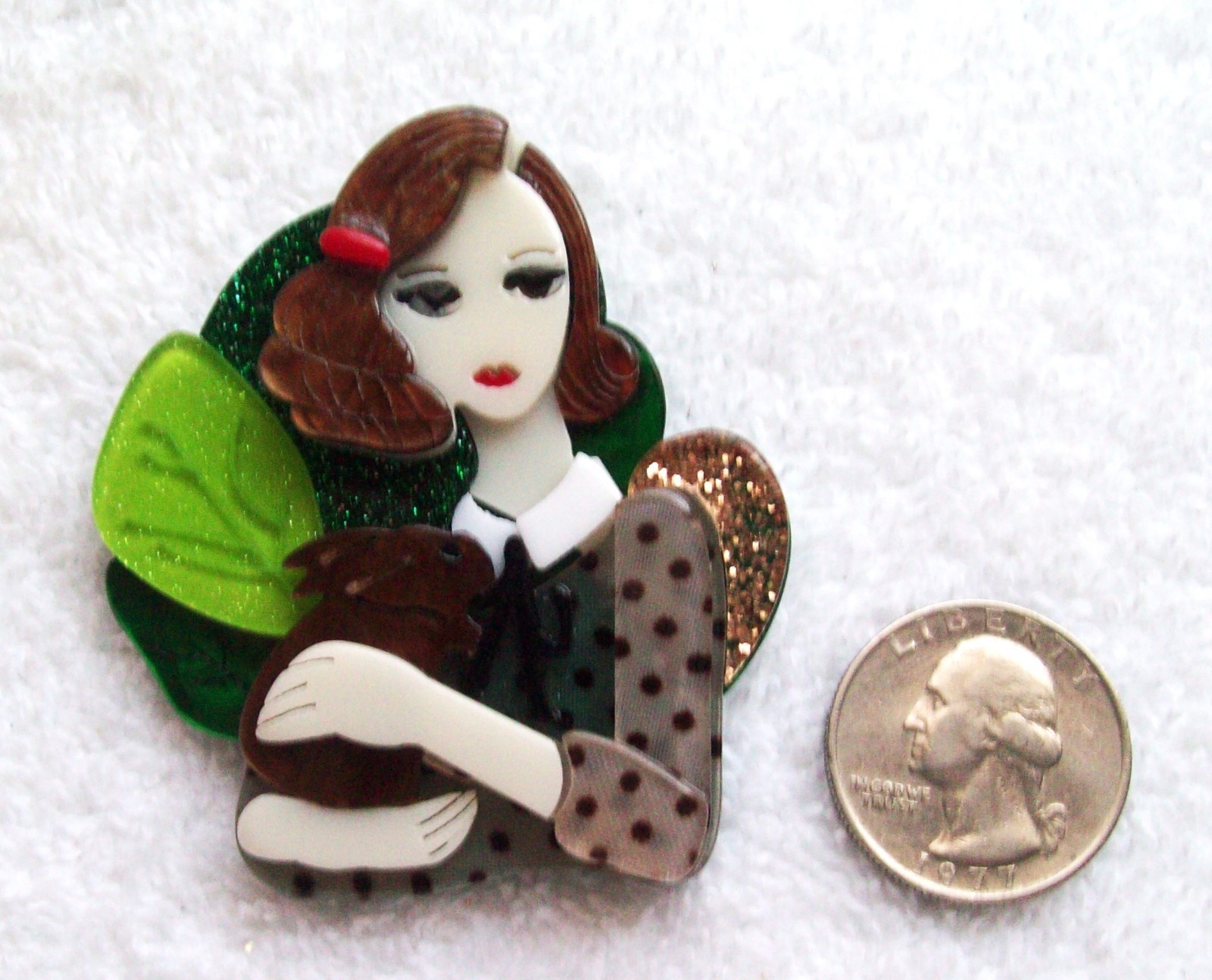 Vintage Fashion Lady with Pet Rabbit Layered Acrylic Pin or Brooch – NWOT