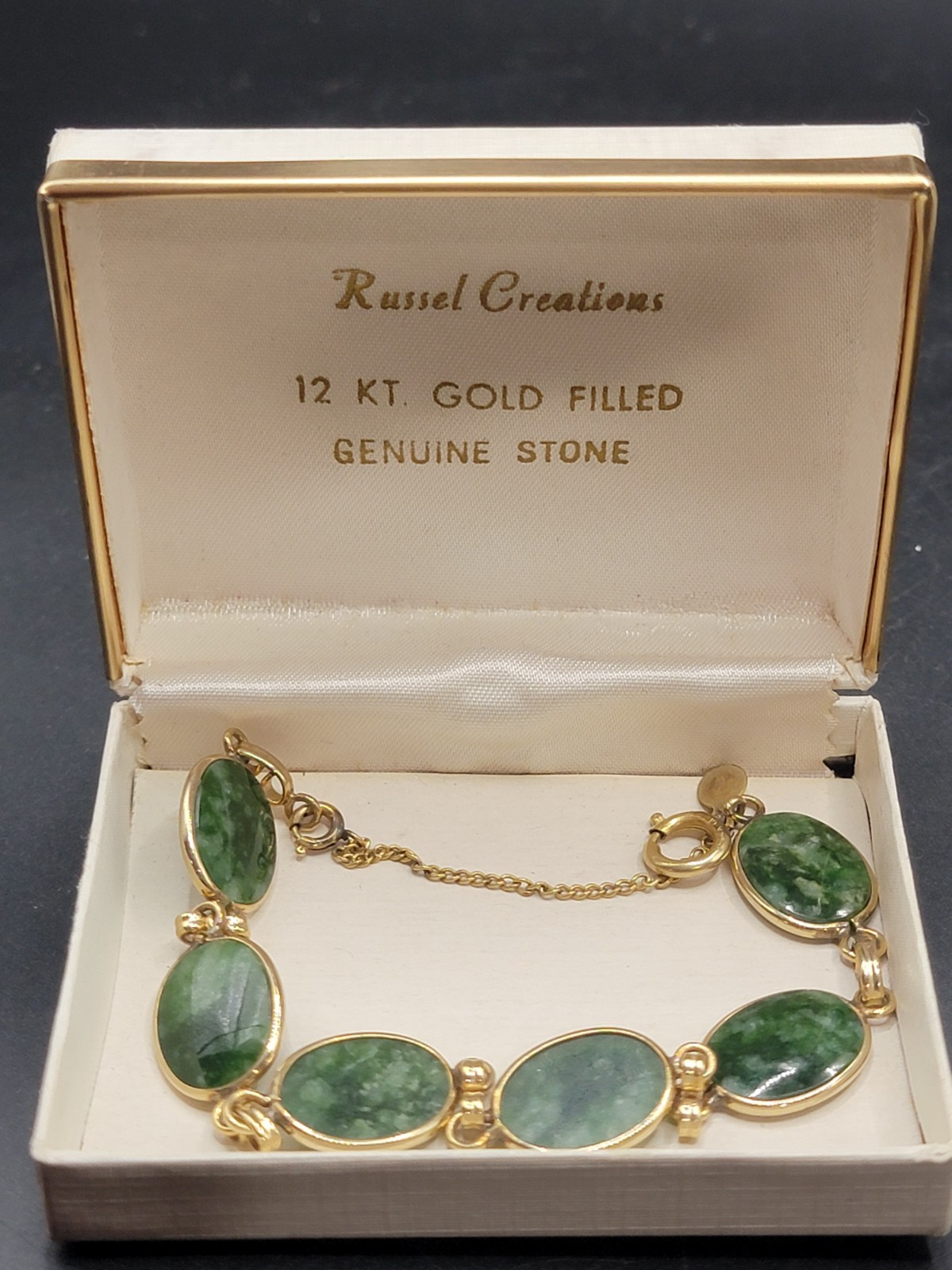 Green Jade Moss Agate 1/20 12K Gold-Filled Bracelet, Safety Chain, Vintage, 7”
