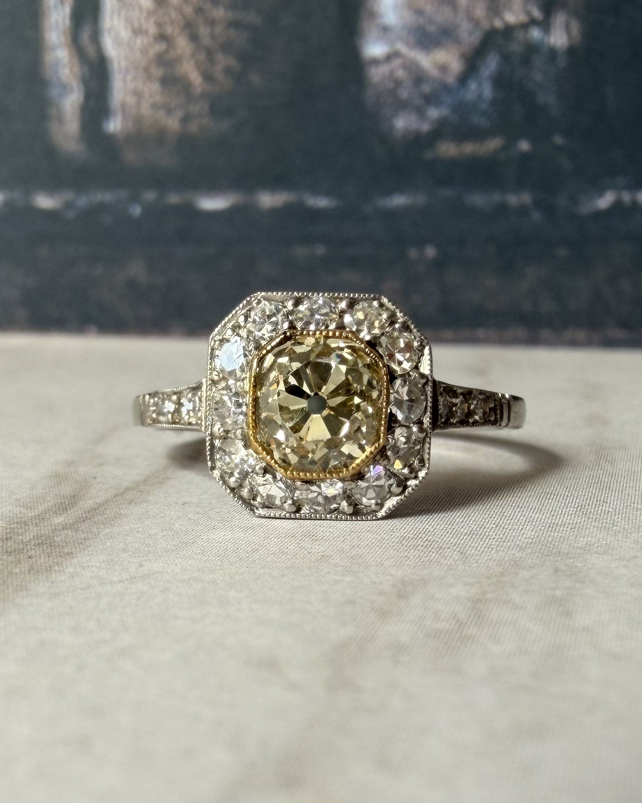 Art Deco-Inspired Platinum Fancy Light Yellowish-Brown Old Mine Cut Ring