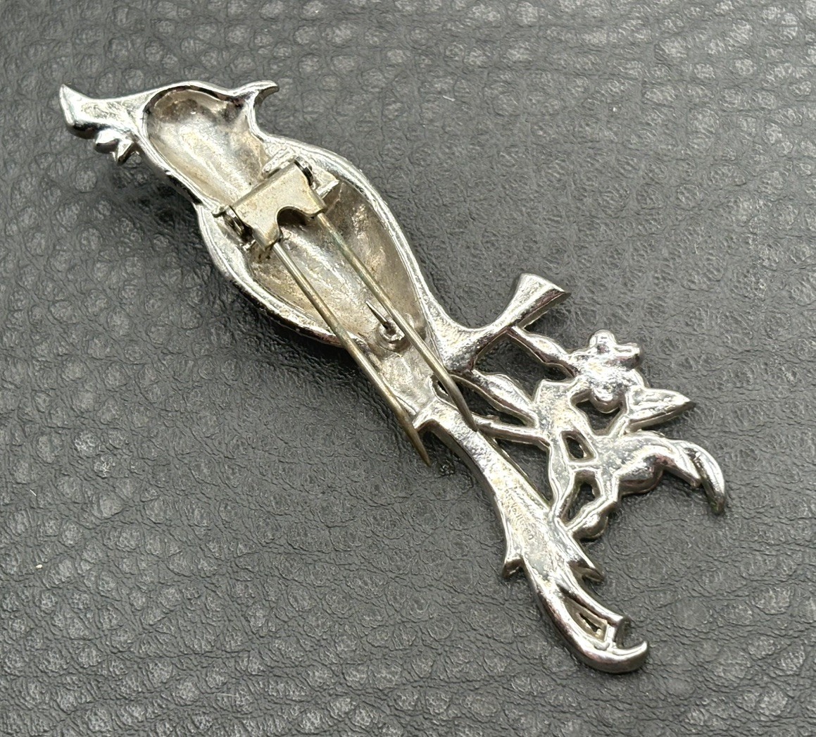 20’s VTG Unsigned Figural Bird Cockatiel Dress Fur Clip Rhinestone Enamel Read