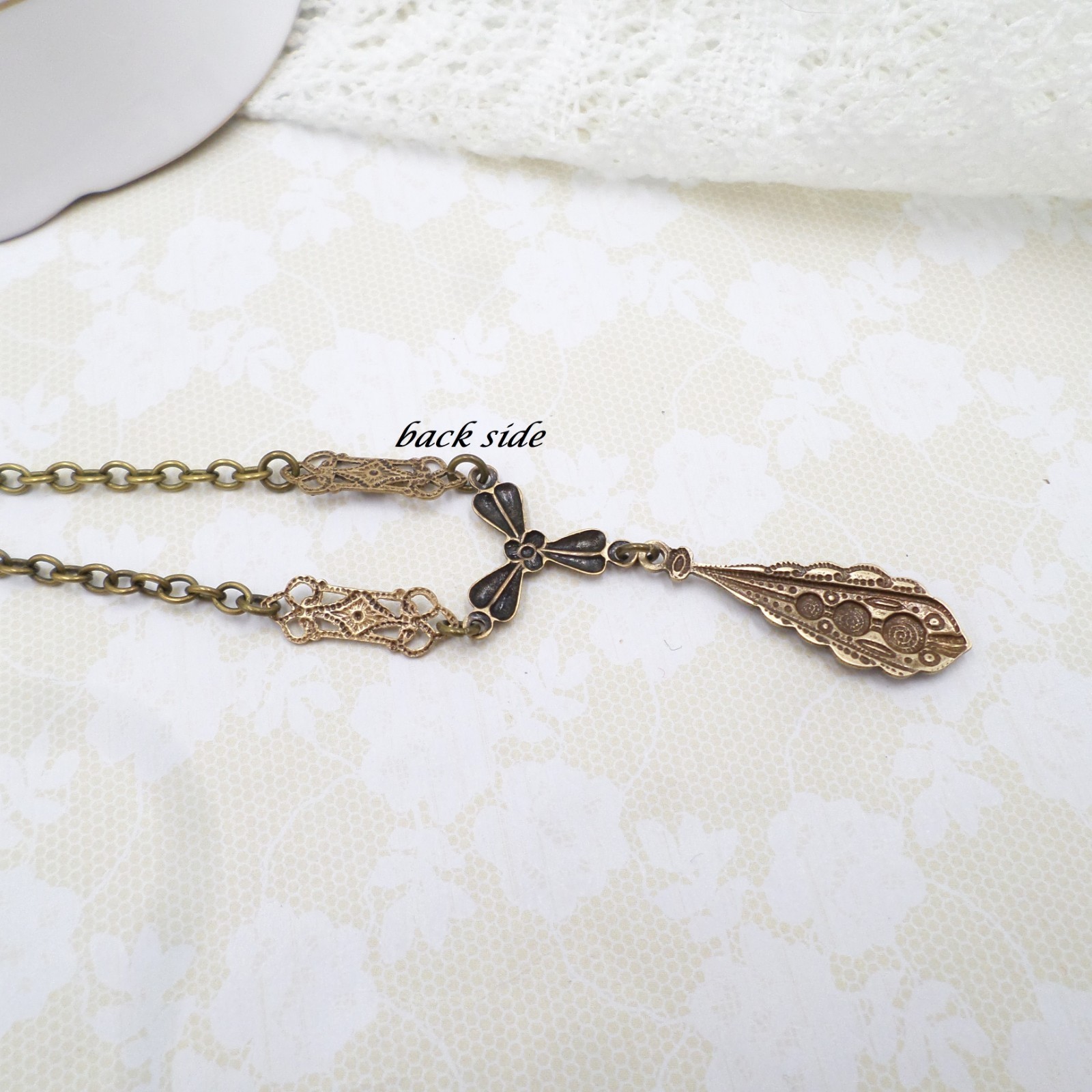 Victorian Style Brass Filigree Charm Necklace: Handmade Bow & Teardrop Jewelry