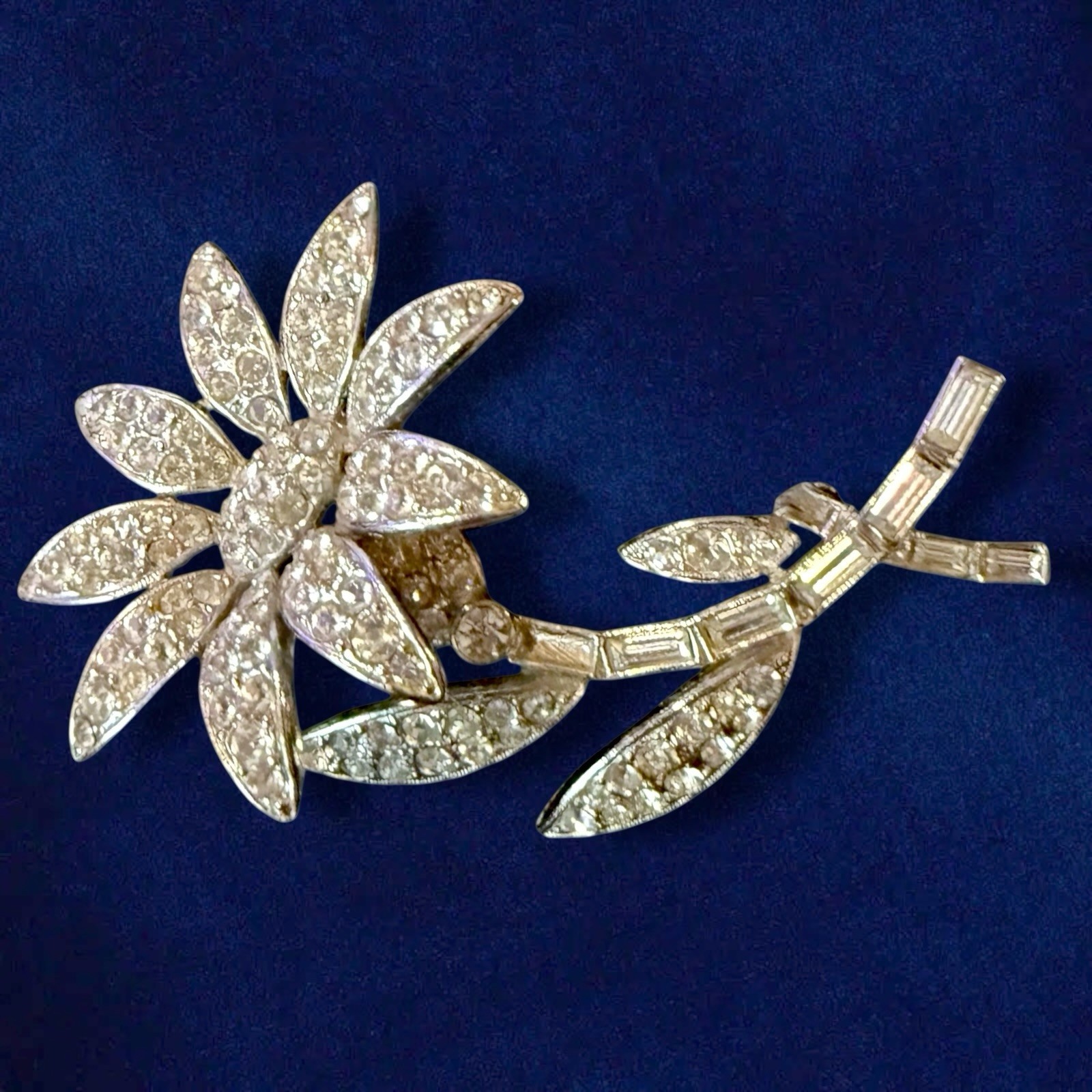 Rhinestone Flower Brooch Signed ORA Rhodium 1940s Large Vintage Pin 3 Inch