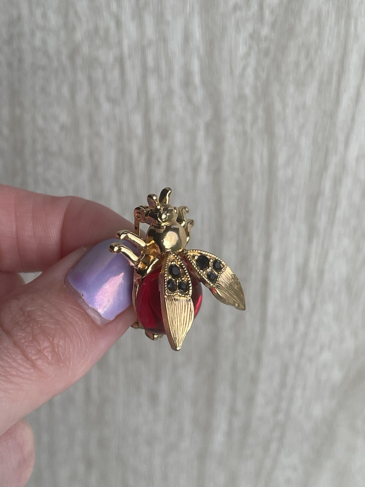 VTG Trifari Red Jelly Belly Trembler Wings Black Rhinestone Bug Bee Pin Brooch