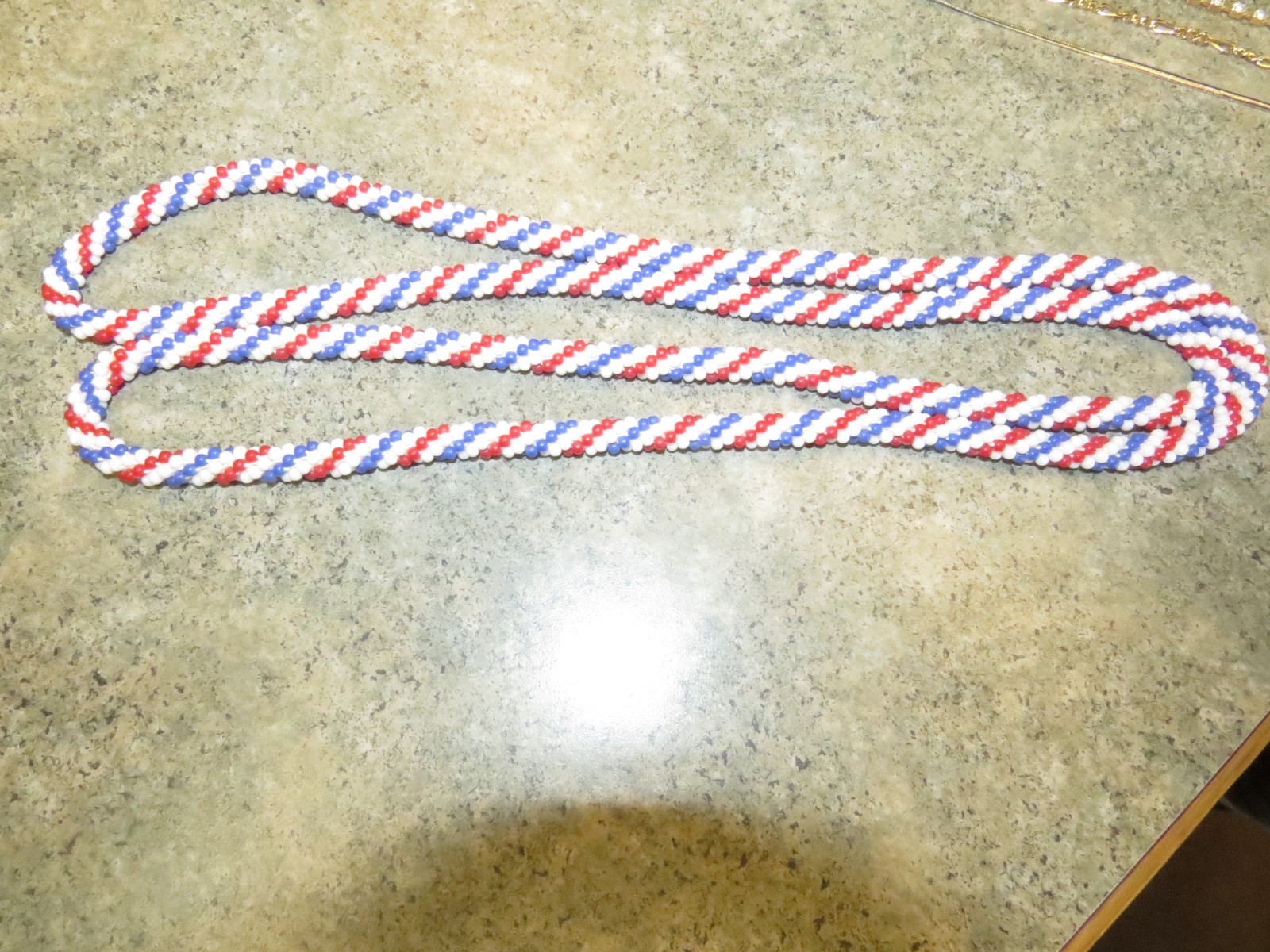 Vintage Patriotic Red White & Blue Glass Bead Necklace Extra Long 46″