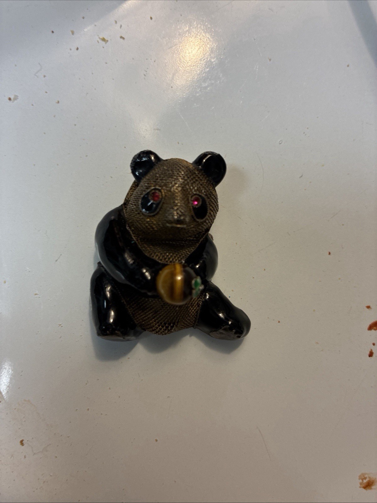 Vintage Vermeil Mesh, Enamel PANDA Brooch, Tigers Eye, Ruby Eyes