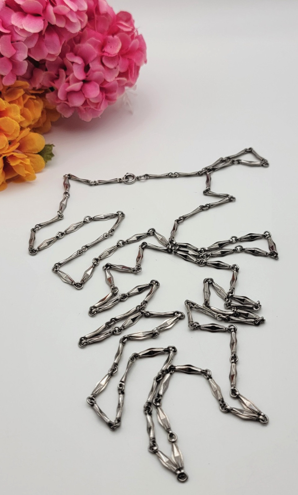 Vintage Silver Tone Bar Link Chain Necklace 54″ Spring Ring Clasp
