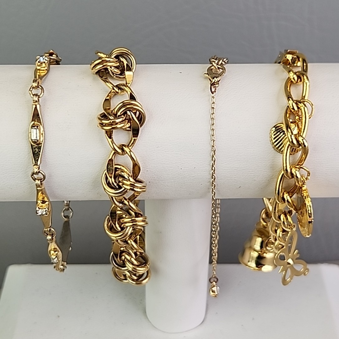 Chain Bracelet Lot of 4 Charm Rhinestone Gold Tone 6.75″