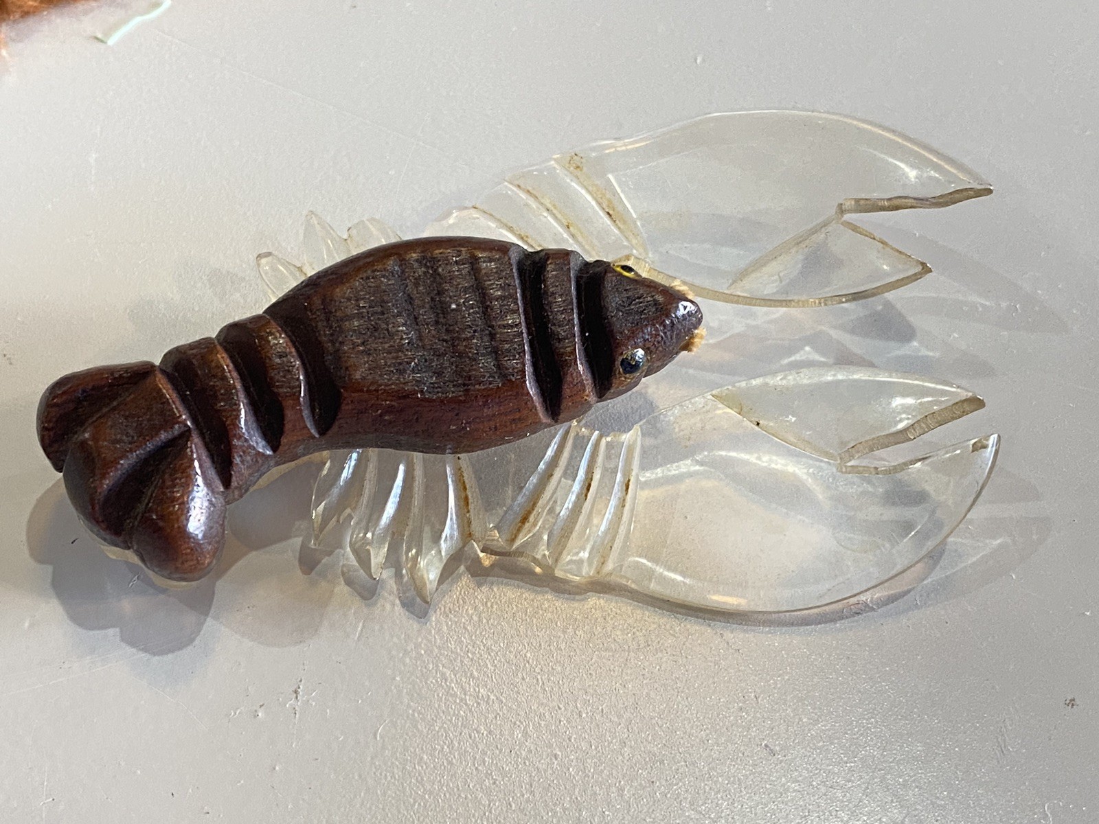 Vintage WWII Era Lucite Wood Lobster Figural Brooch Wartime Novelty Pin 1940s
