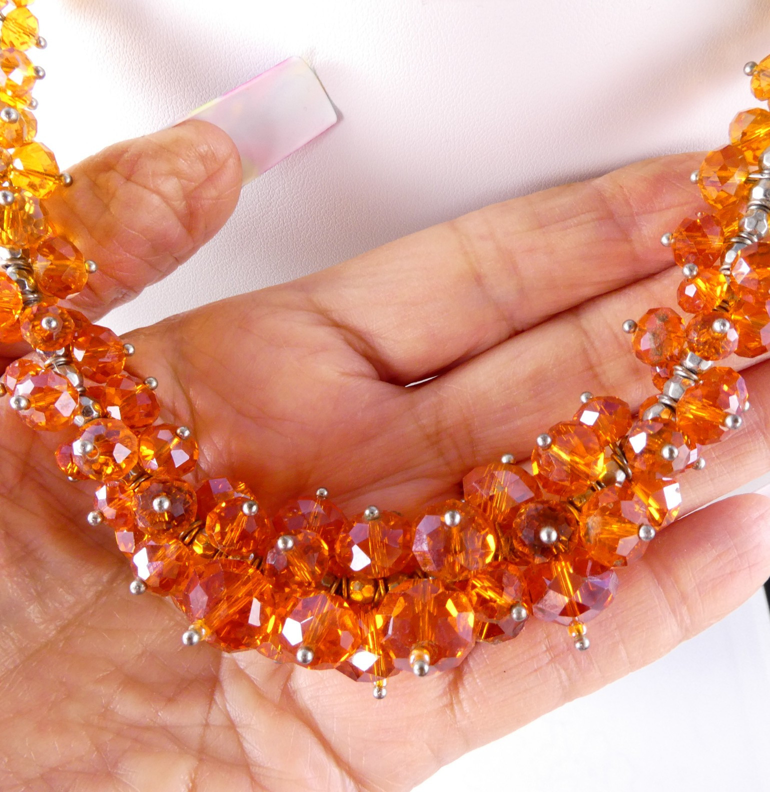 Pretty Glass Crystal ORANGE Beaded Necklace Silver Tone Fashion Jewelry SPARKLE!