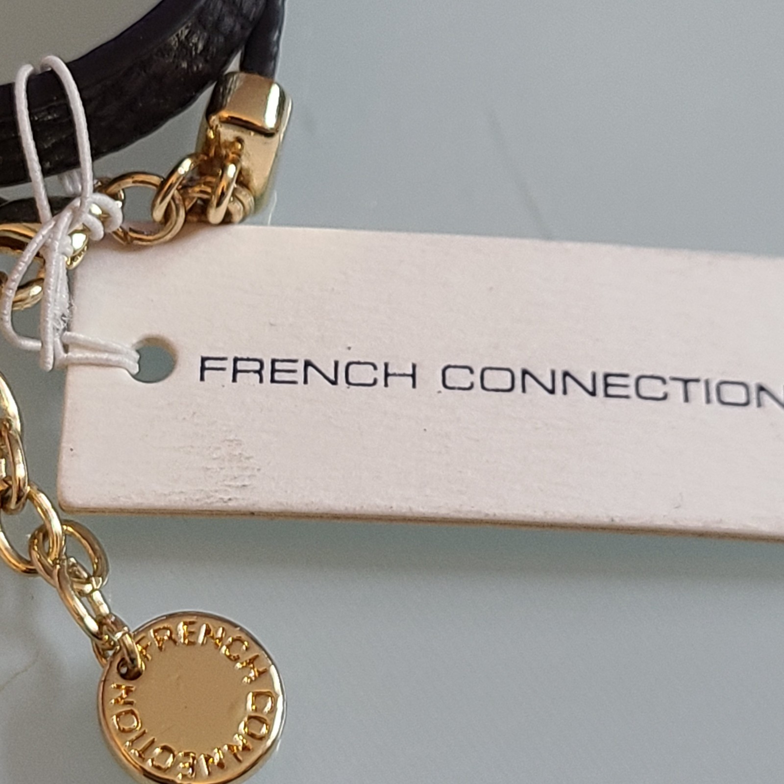 French Connection Double Wrap Bracelet Black Pebble Grain Gold Screw Studs NWT 1