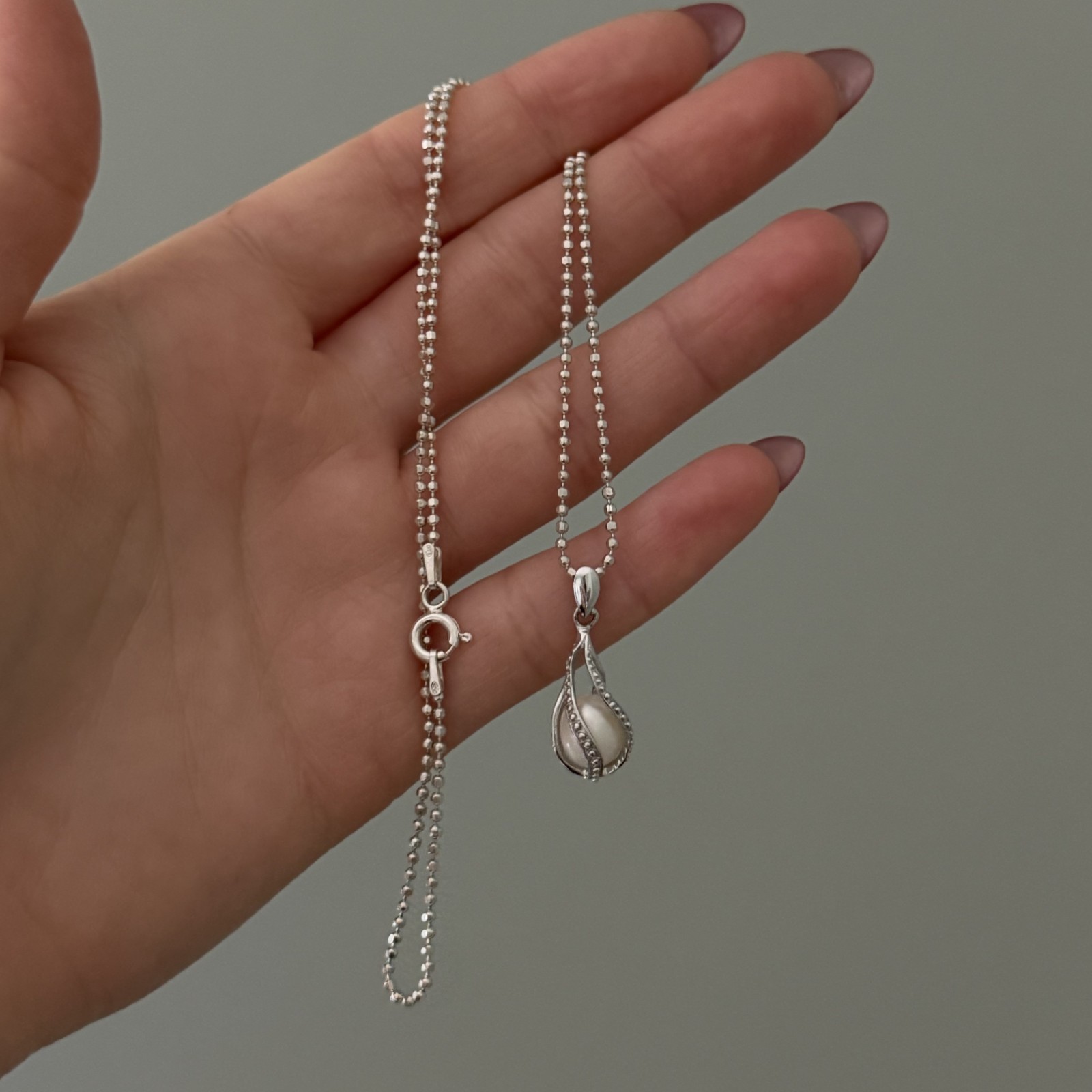 925 Sterling Silver Genuine Caged Pearl Bead Ball Chain Necklace 16″