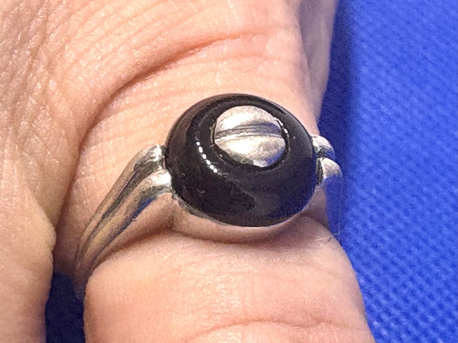 A18 Unique Adjustable 835 Silver Ring Size 7 est 1950s Black Onyx (925) Germany