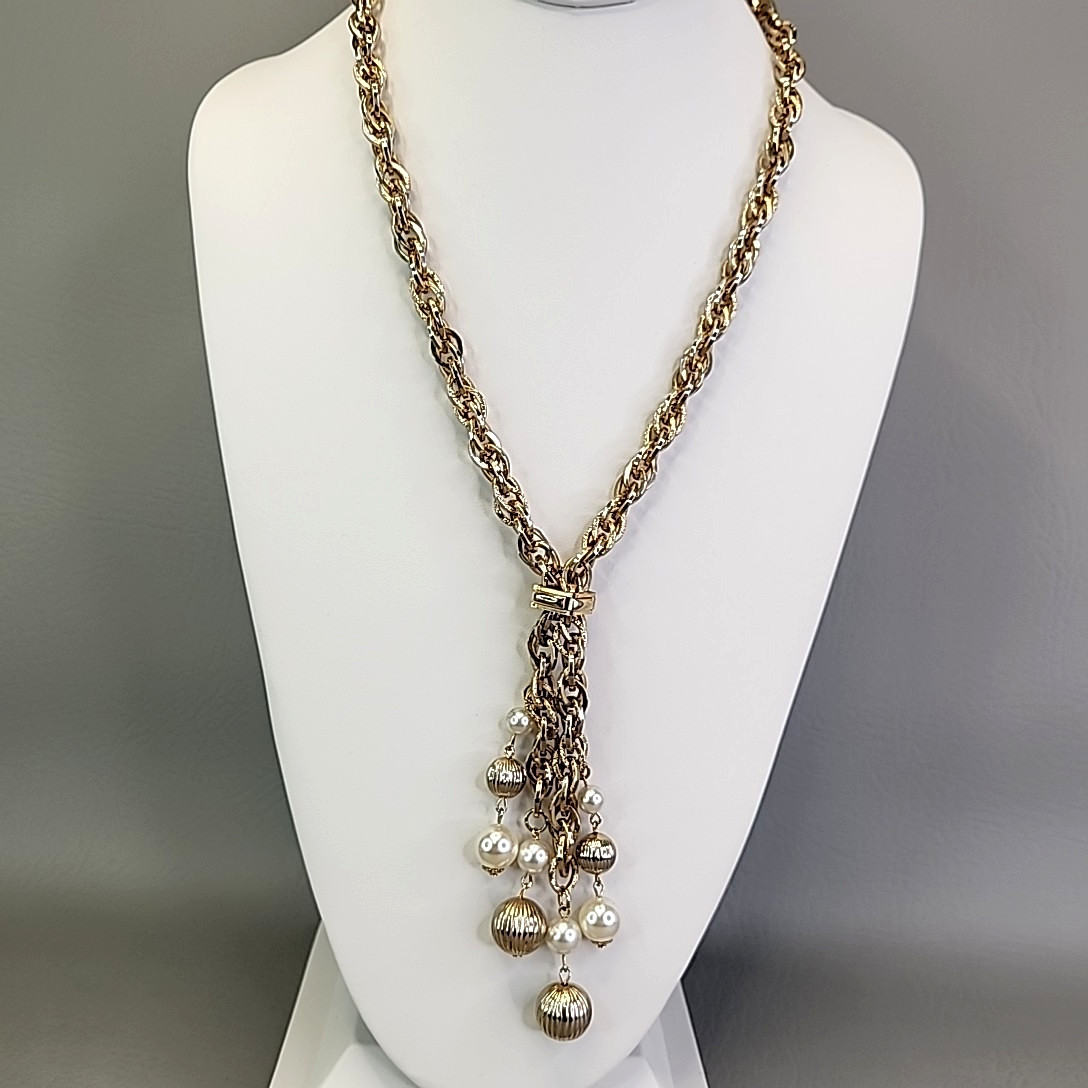 Vintage Slider Rope Necklace Tassel Faux Pearls Ribbed Ball Beads Chunky 28″