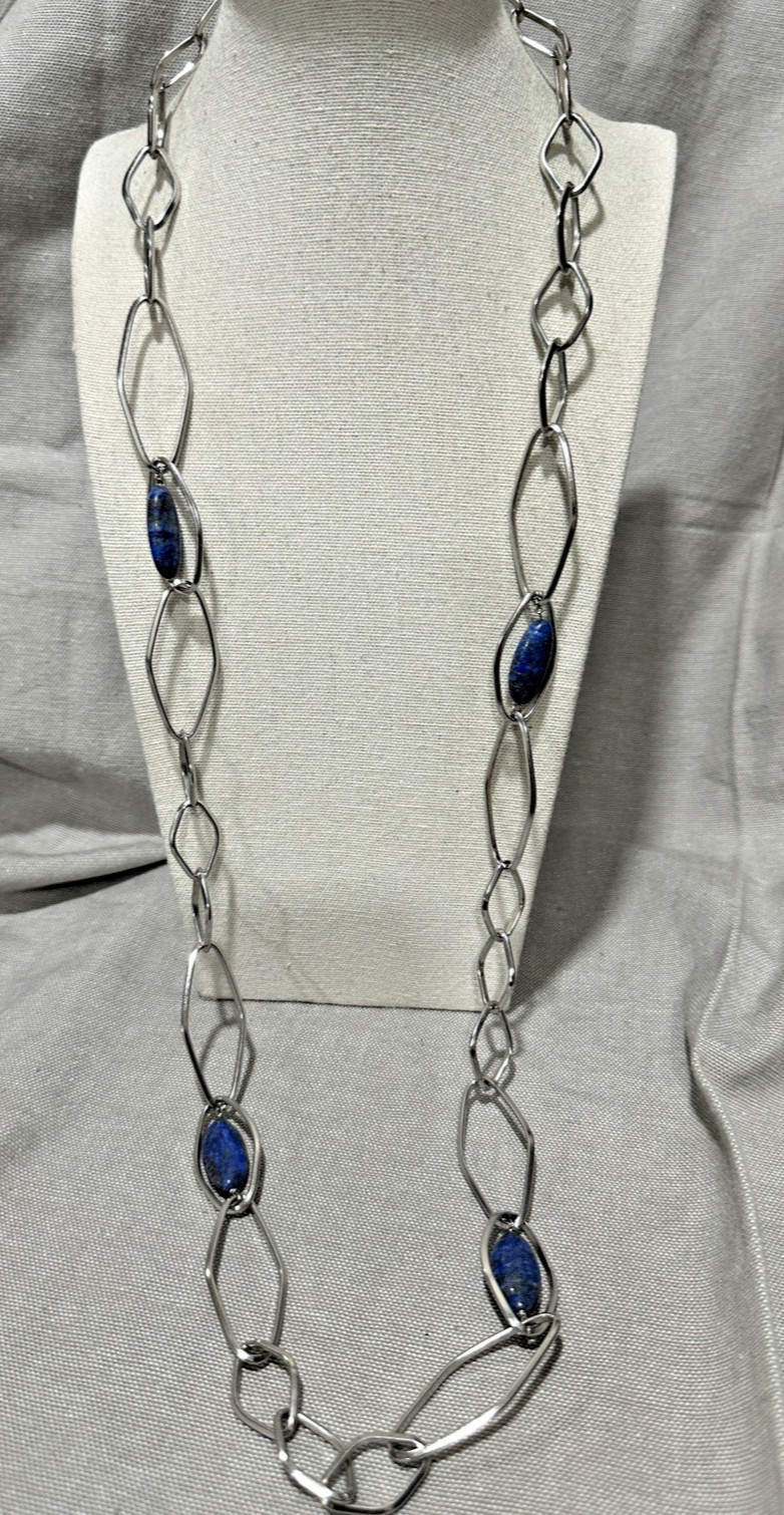 Simona Collini Stainless Steel Silver Tone Oval Link Necklace Blue Stones 34”