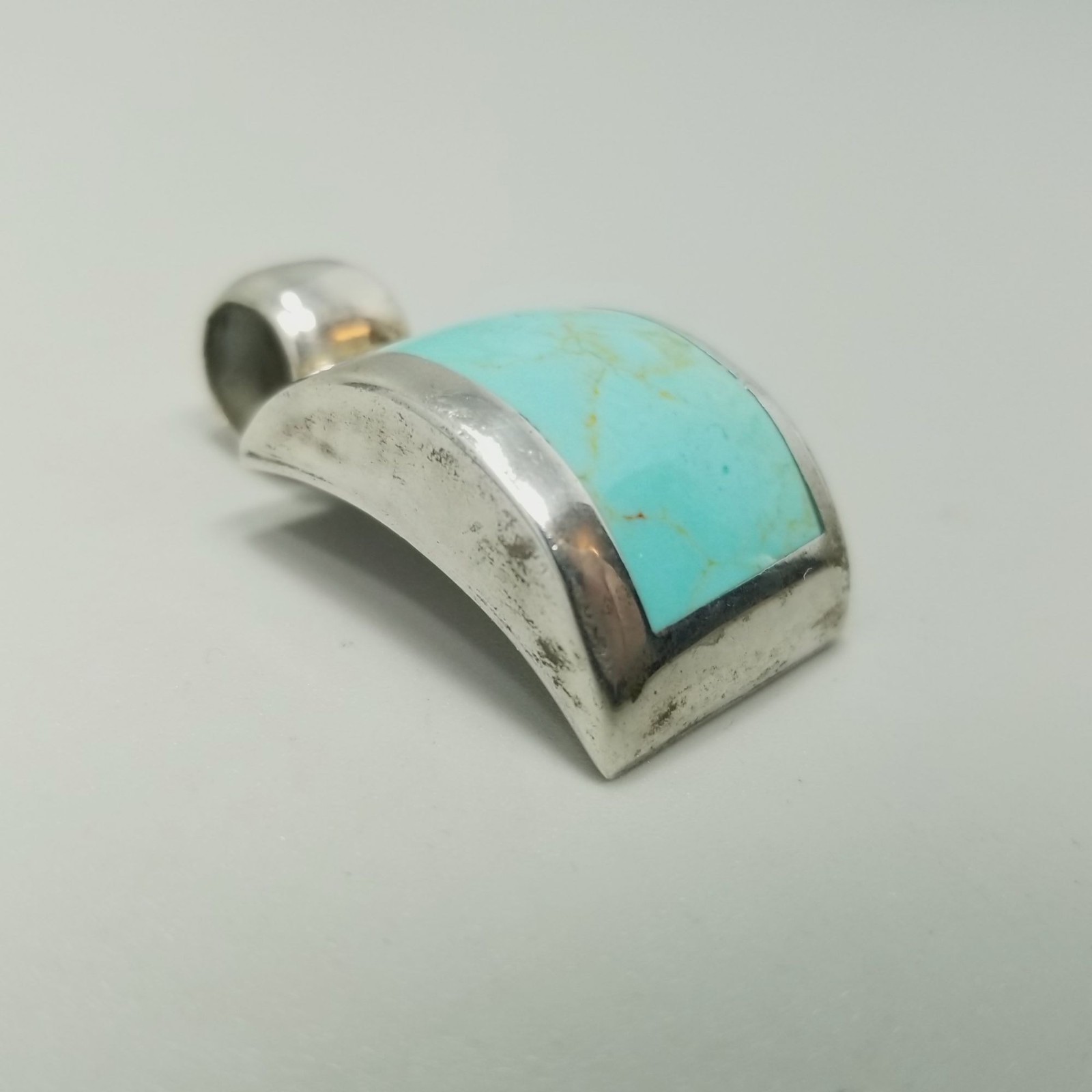 Vintage Sterling Silver Blue Stone Pendant Curved Rectangle Mexico 1 1/2 Inch