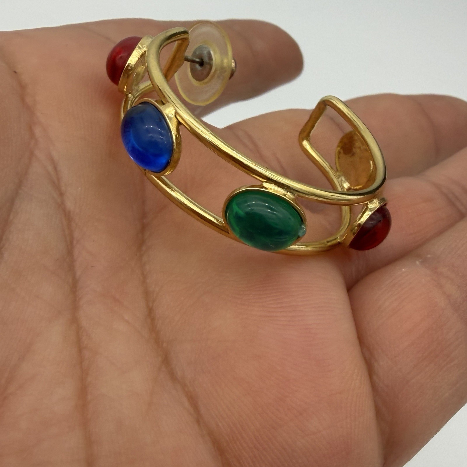 Vtg Mogul Hoop Earrings Gripoix Style Cabochon Red Blue Green Glass Large