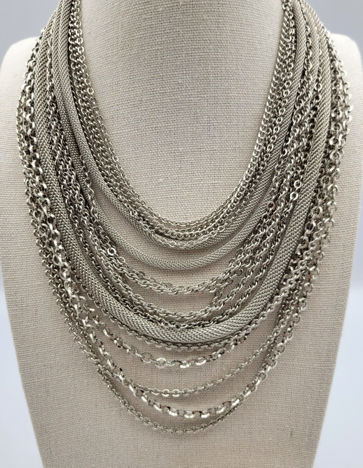 Vintage Multi Strand Chain Necklace Bracelet Jewelry Set Layered Silver Tone