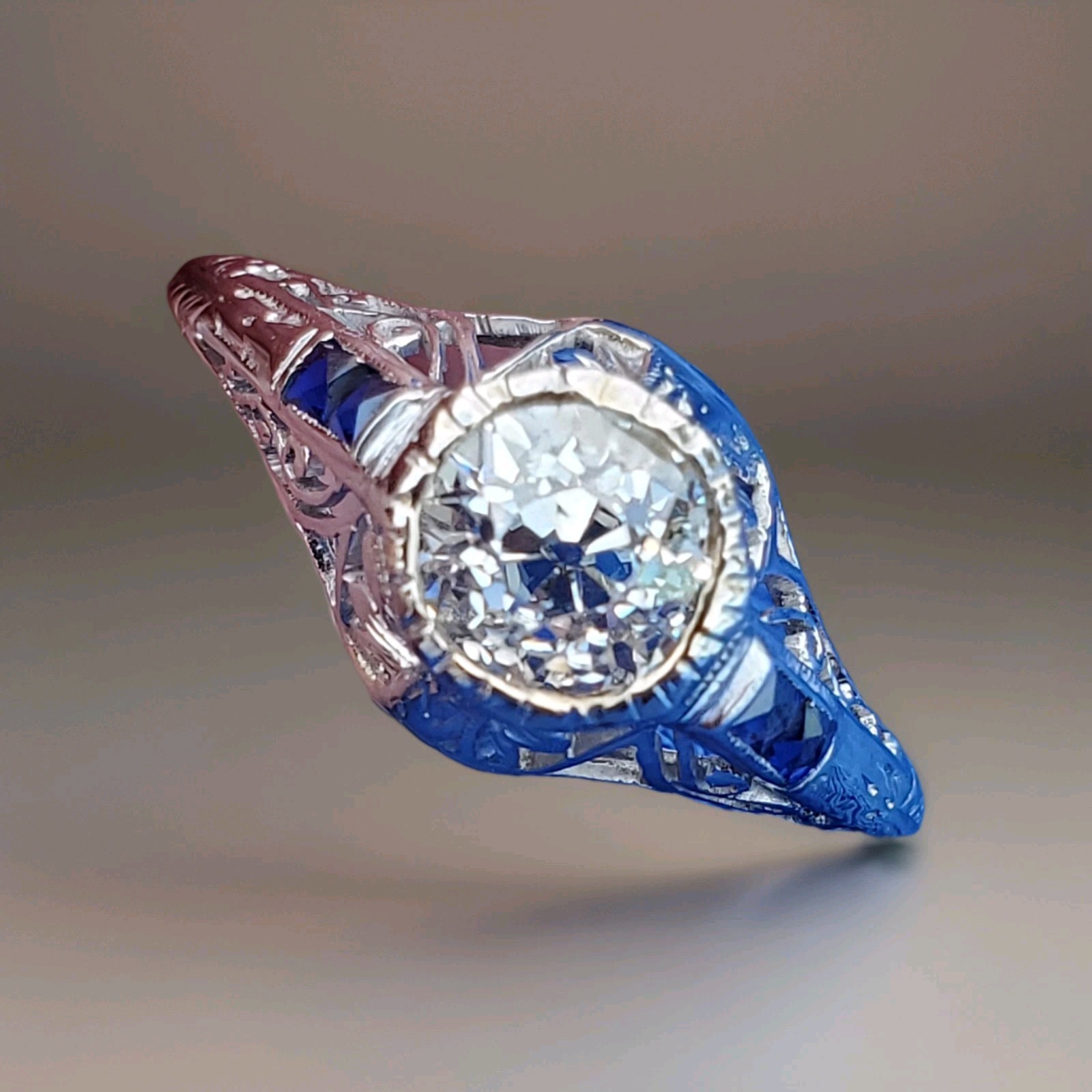 Original EARTH MINED DIAMOND Sapphire Deco Engagement Ring PLATINUM Solitaire 6