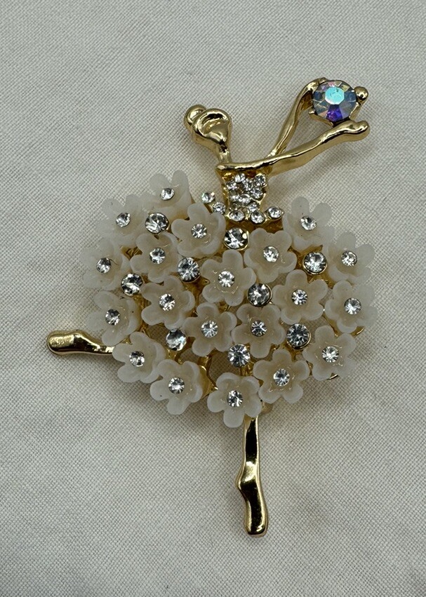 Ballerina W White Flower Clear Rhinestone Dress Holding Large RStone Brooch Pin