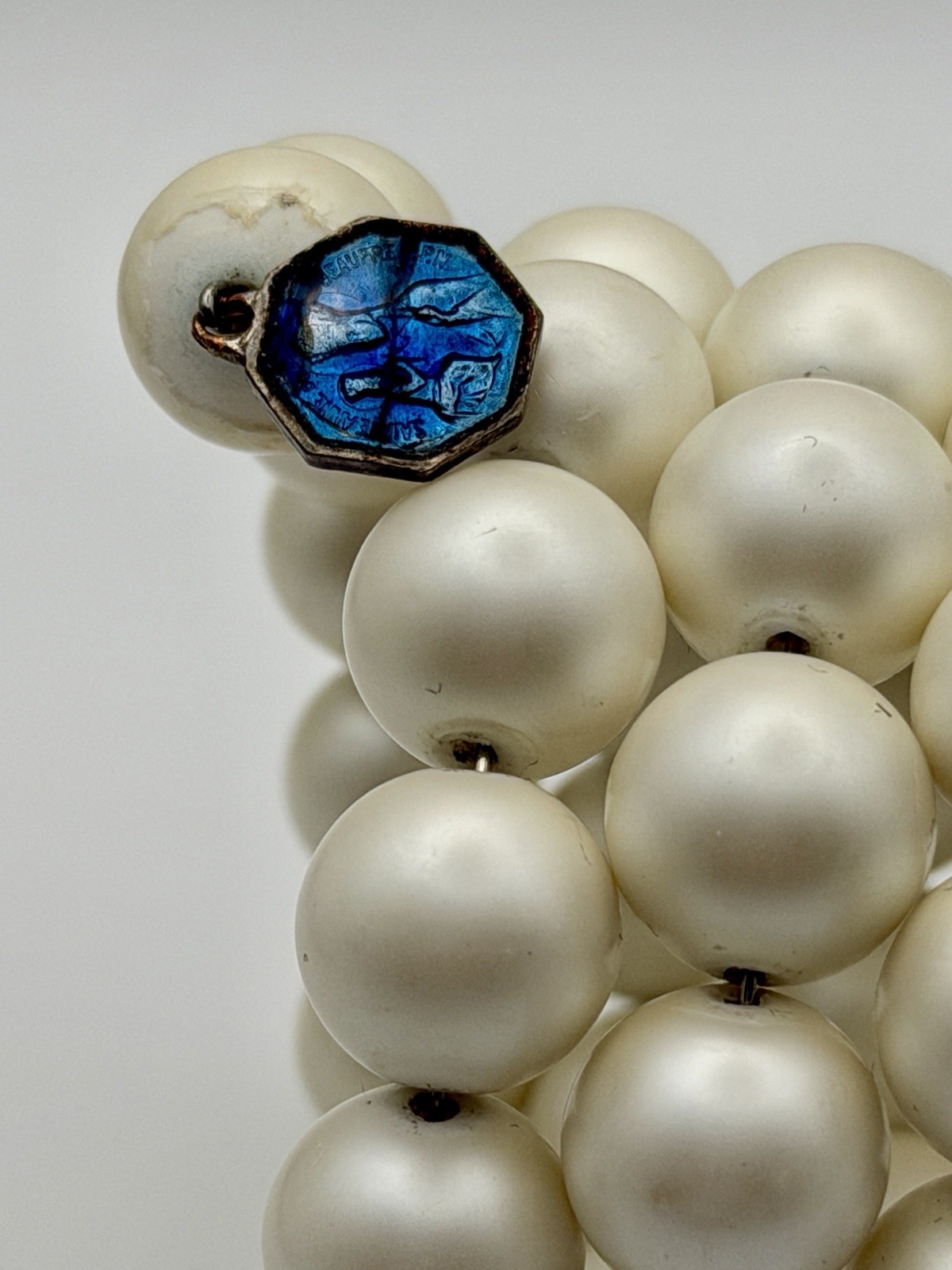 Vintage St. Anne De Beaupre Blue Enamel Rosary Wrap Bracelet Pearl Beads