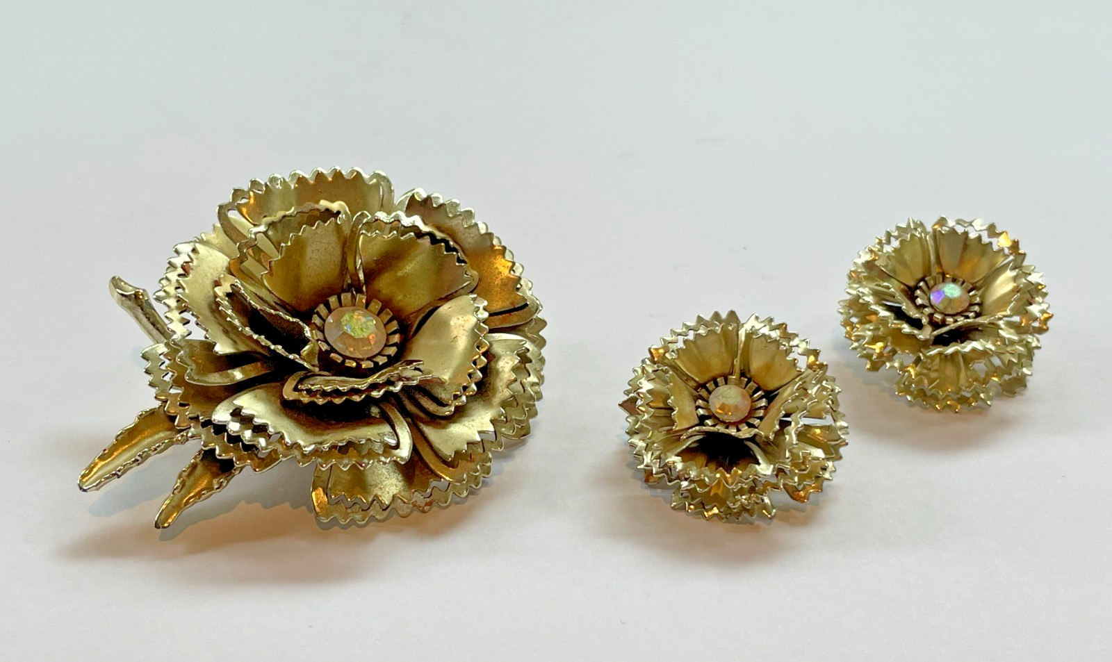 Vintage Gold Flower Brooch & Clip Earring Set | AB Rhinestone | 1950s