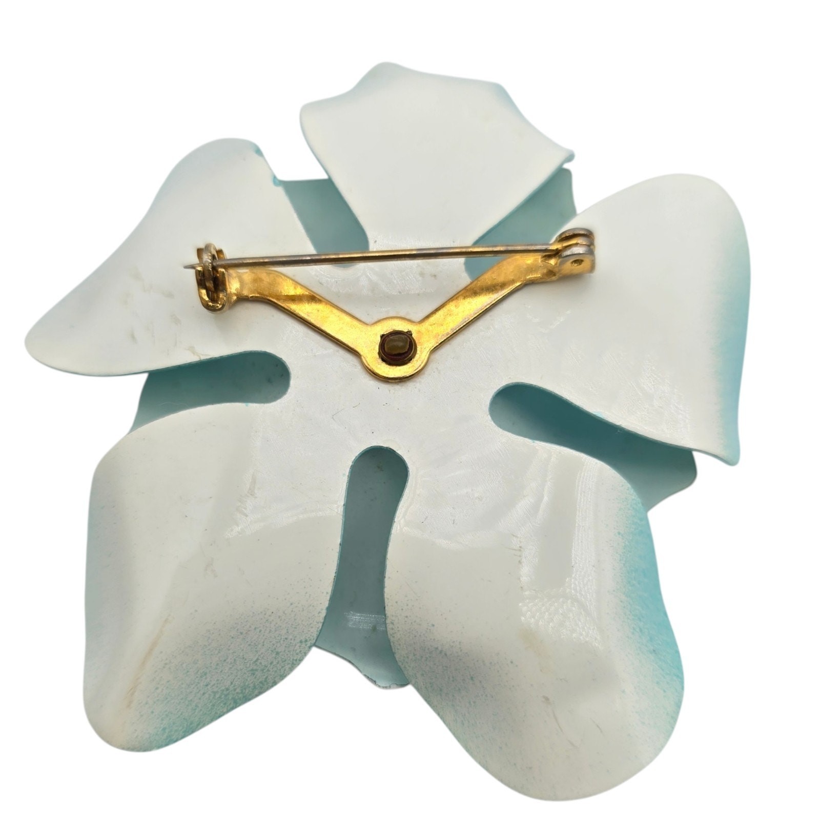 Vintage Brooch Flower Floral 3D Light Blue White Painted On Metal Statement