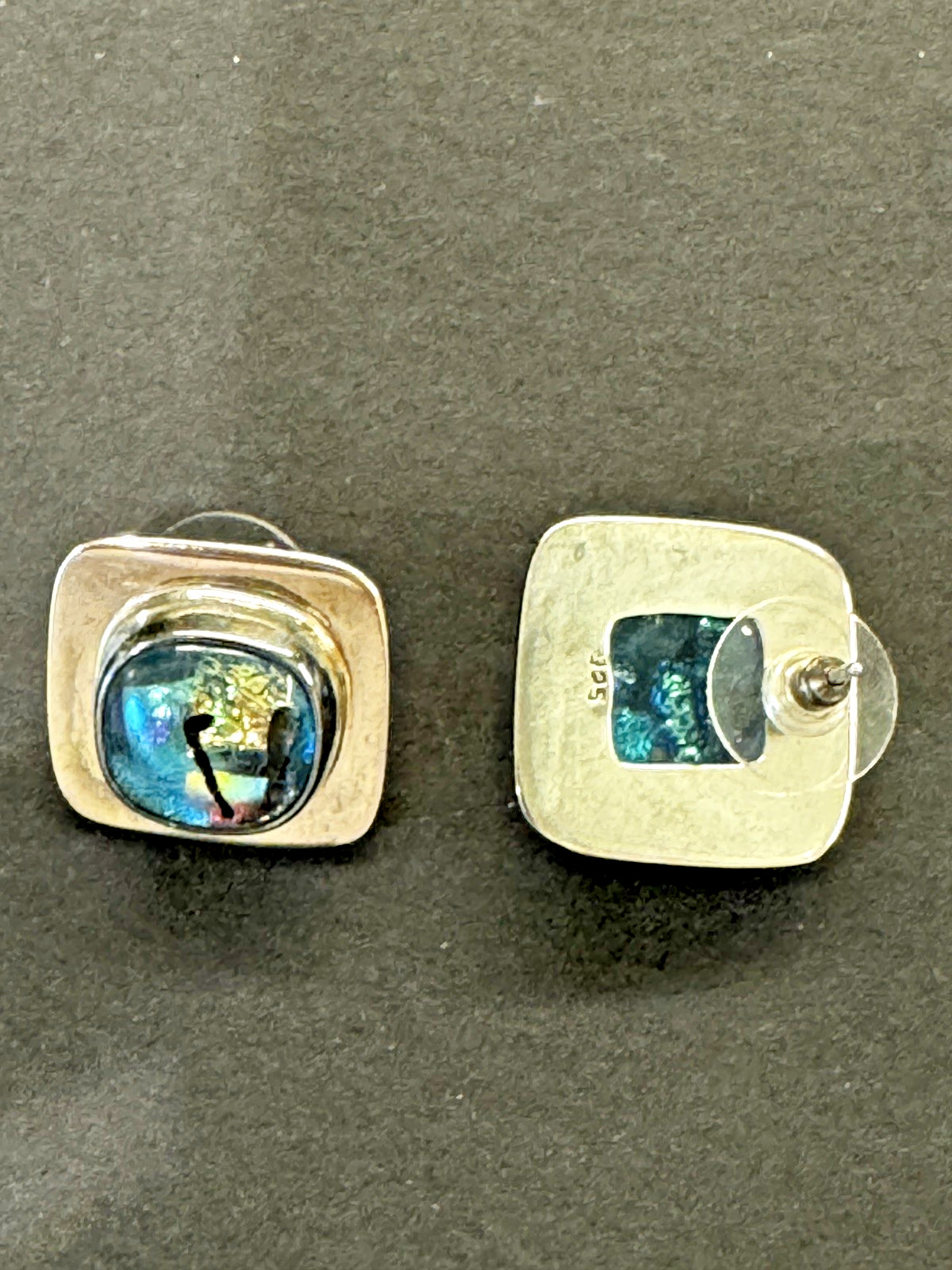 Vintage 925 Sterling Silver Dichroic Glass Earrings, Square Cushion.