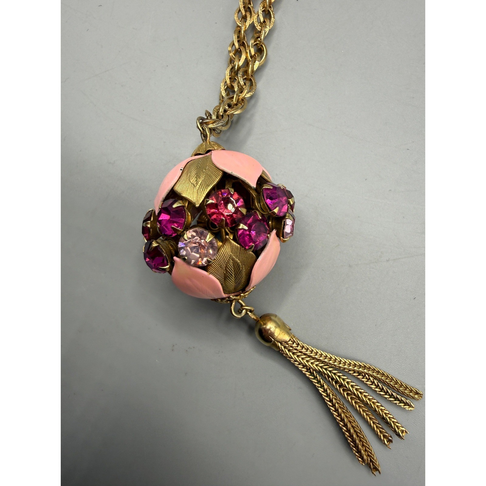 Vintage Gold Tone Orb Pendant Necklace Pink Enamel Rhinestone Tassel 28 Inch