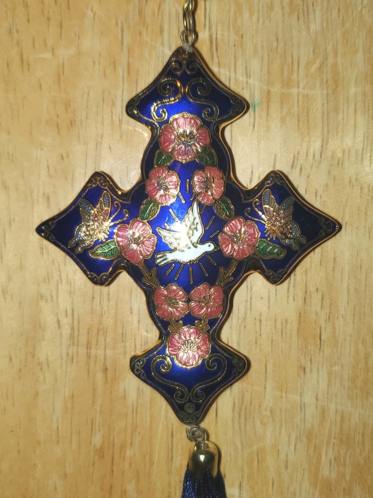 Vintage Cloisonne Cross Pendant Deep Blue with Goldtone Trim, 54.1 Grams Heavy