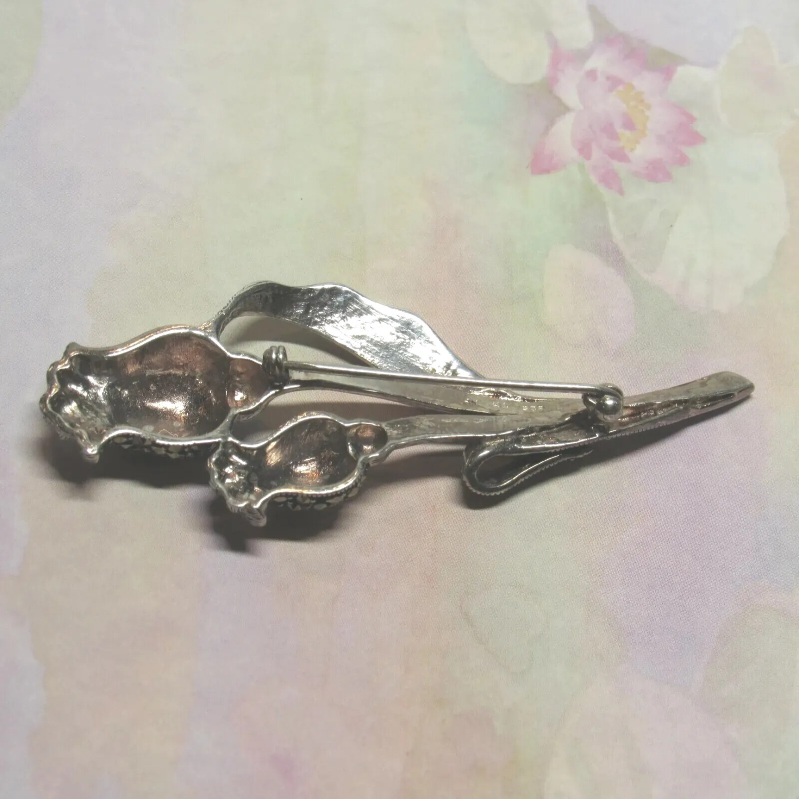 Sterling Silver Marcasite Tulip Leaf Flower Pin Hypoallergenic Nickel Free 14.5g
