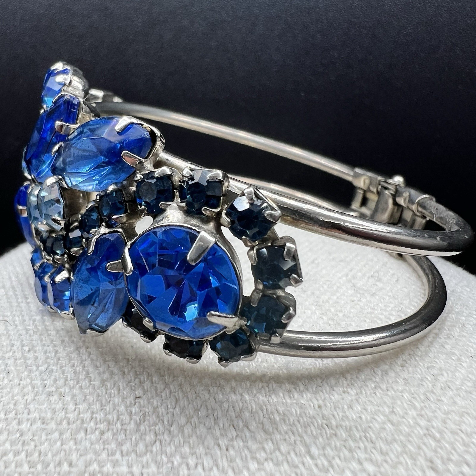 Vintage Blue Navette Rhinestone Hinged Bangle Bracelet SilverTone Statement Glam
