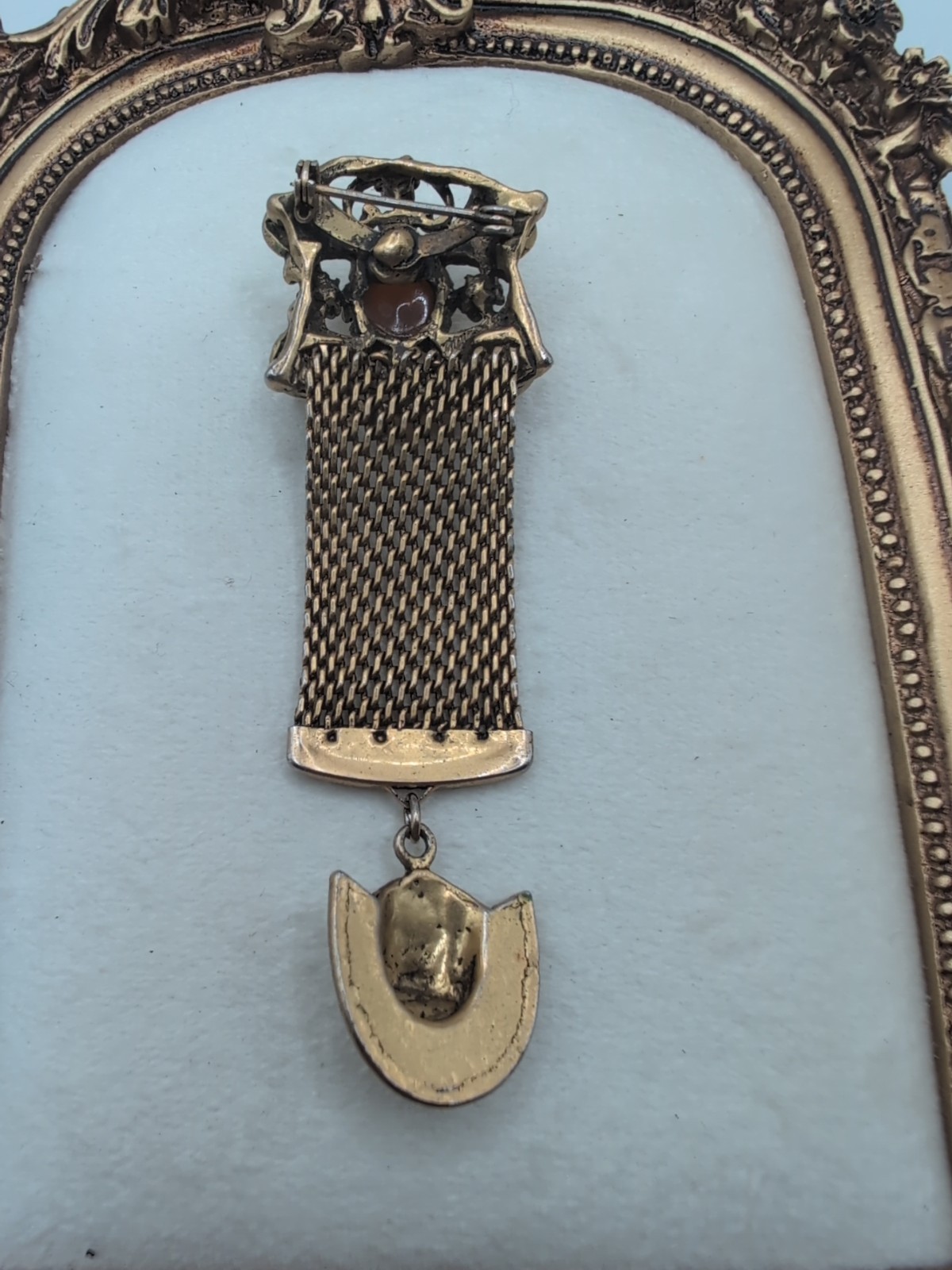 Victorian Mesh Dangle Style Brooch Ornate With Rhinestone Faux Pearls Gold Tone
