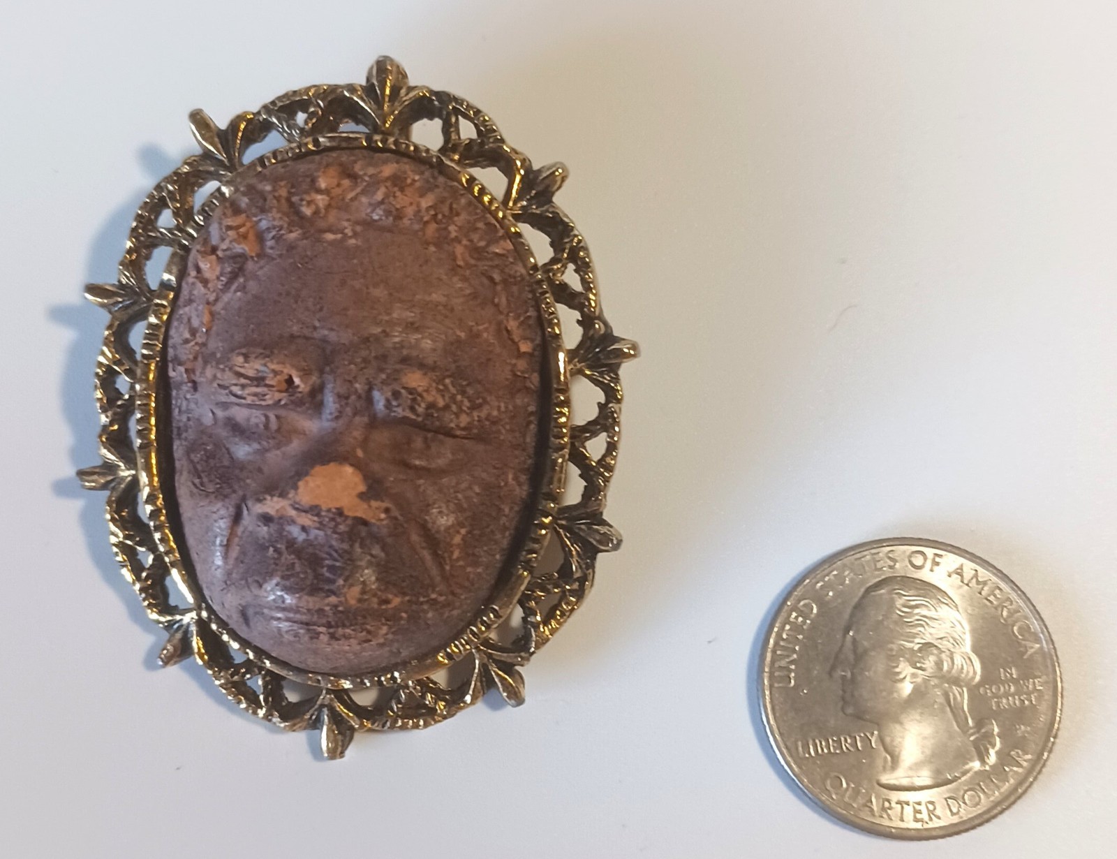 Vintage Signed Brooch: Carved Clay African Face in Ornate Gold-tone Frame