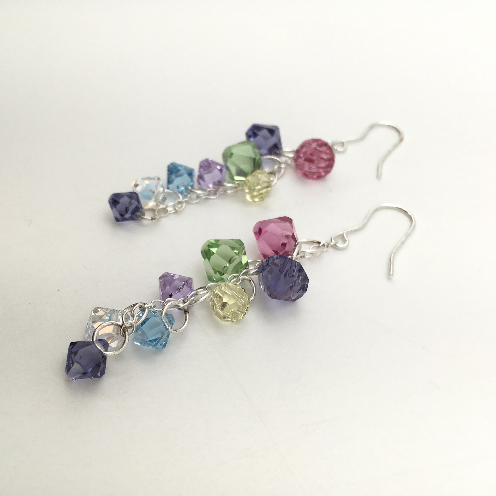 Vintage Sterling Silver Rainbow Beaded Cha Cha Hook Dangle Earrings 925 7g #96