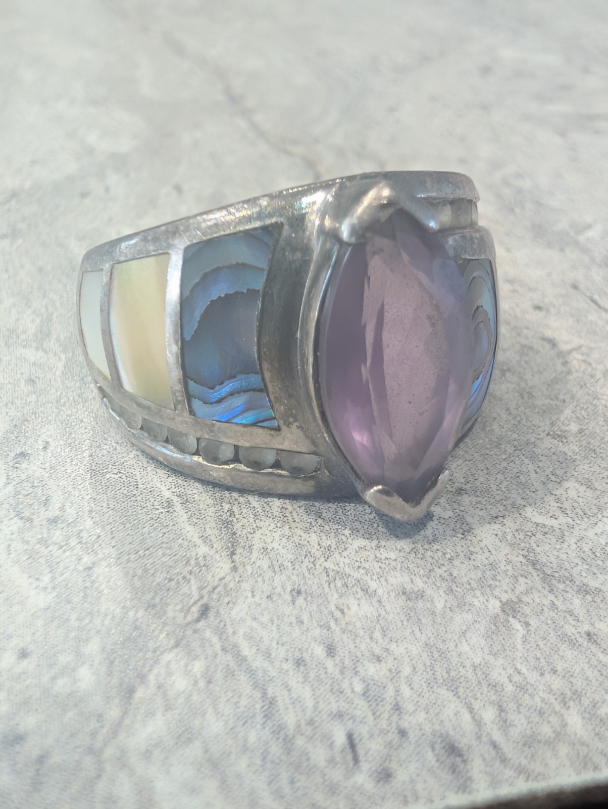 Lot of 2 Sterling Silver Rings 925 Amethyst Abalone & Multi Stone Vintage
