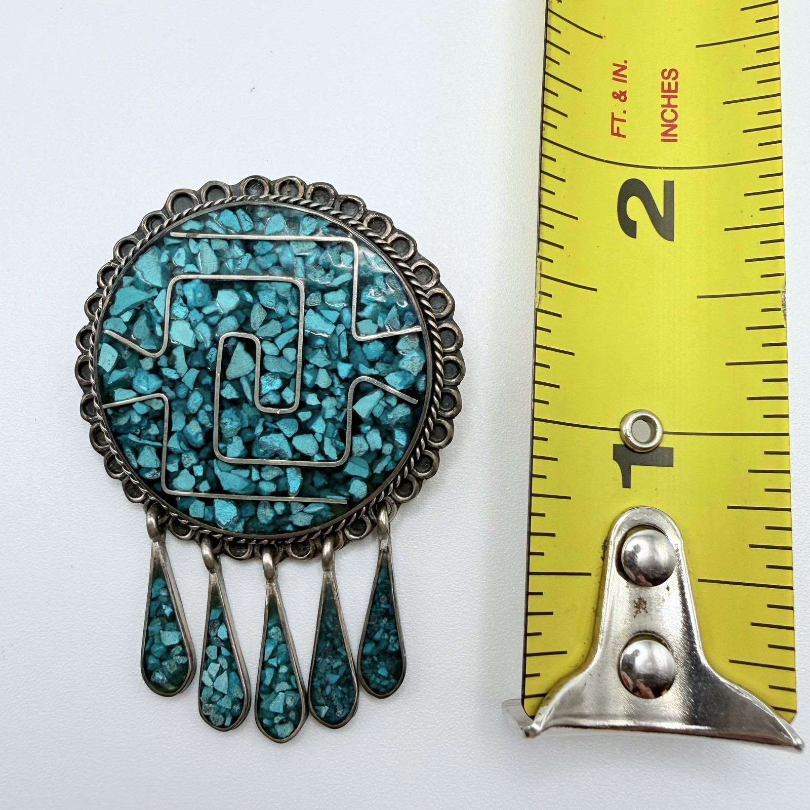 Vintage Southwest Turquoise 5 Teardrop .925 Silver Pendant Brooch Taxco Mexico