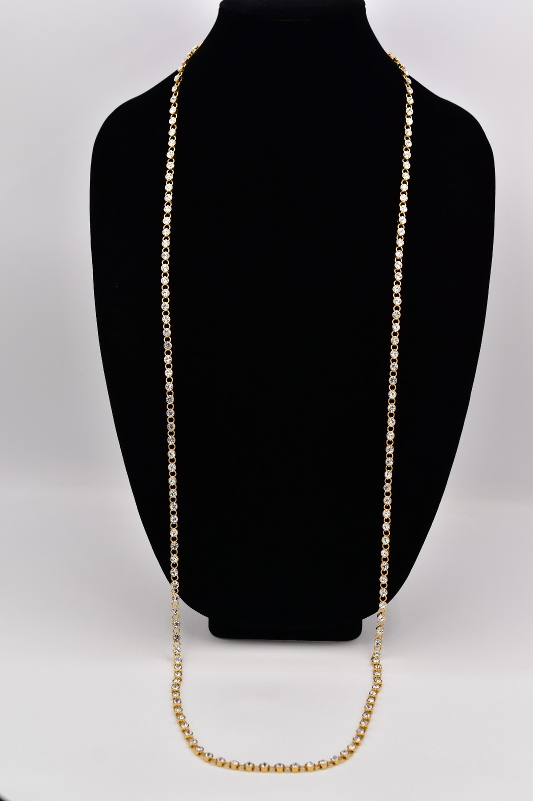 Vintage 50″ Gold Tone Clear Rhinestone Long Necklace Sparkle Crystal 1990s Bin3D