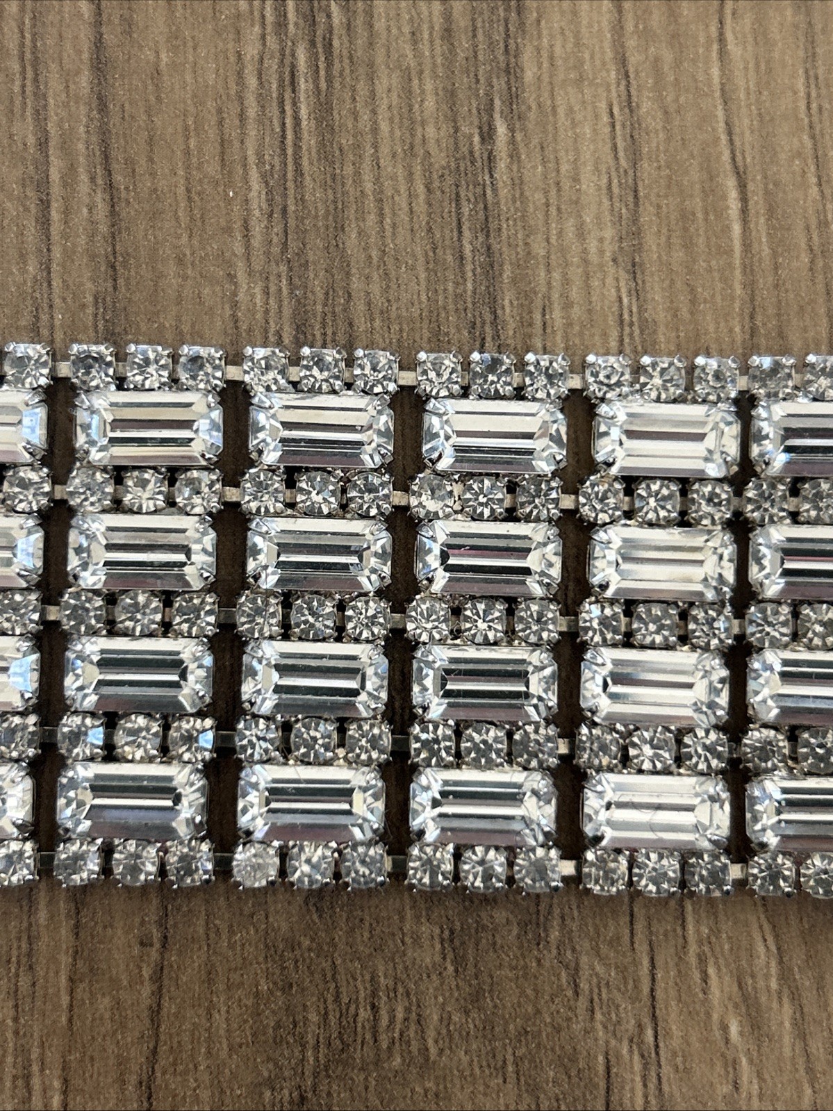 Vtg Wide Rhinestone Bracelet Multiple Rows Baguette & Round Cut Stones