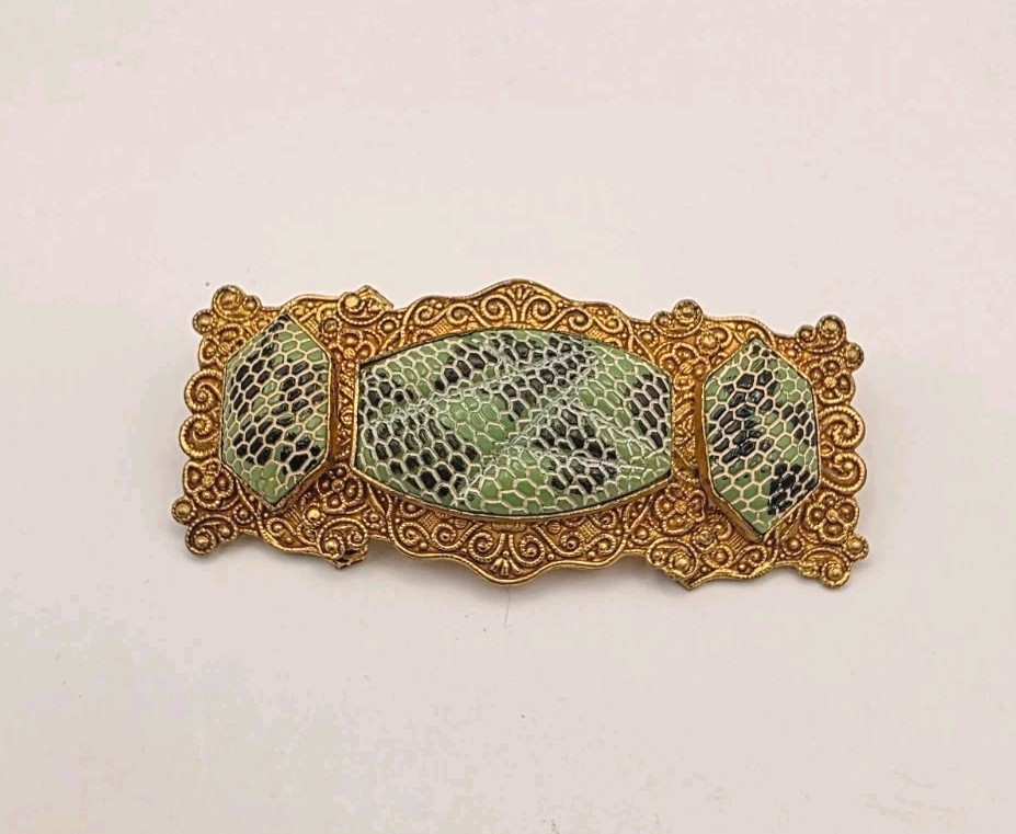 Vintage Signed Czechoslovkia Green/Black/White Snake Skin Pressed Glass Brooch