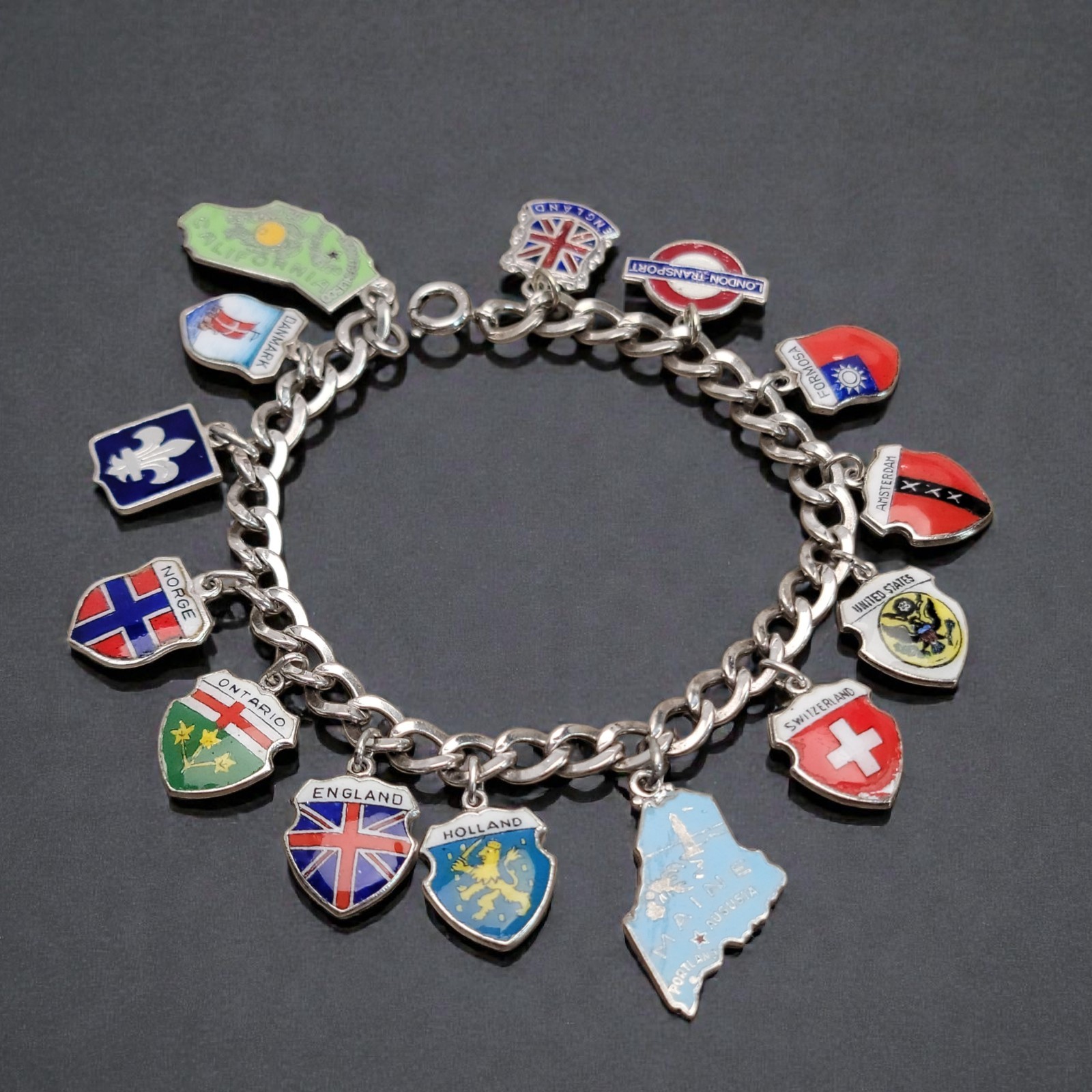 ​VTG Sterling Silver Enamel Travel Shield Charm Bracelet 25g Formosa London Well