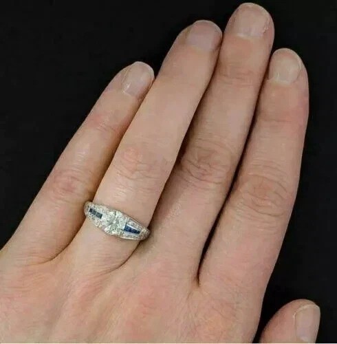 Art Deco Style Milgrain Lab Created Diamond Engagement 14K White Gold FN Ring