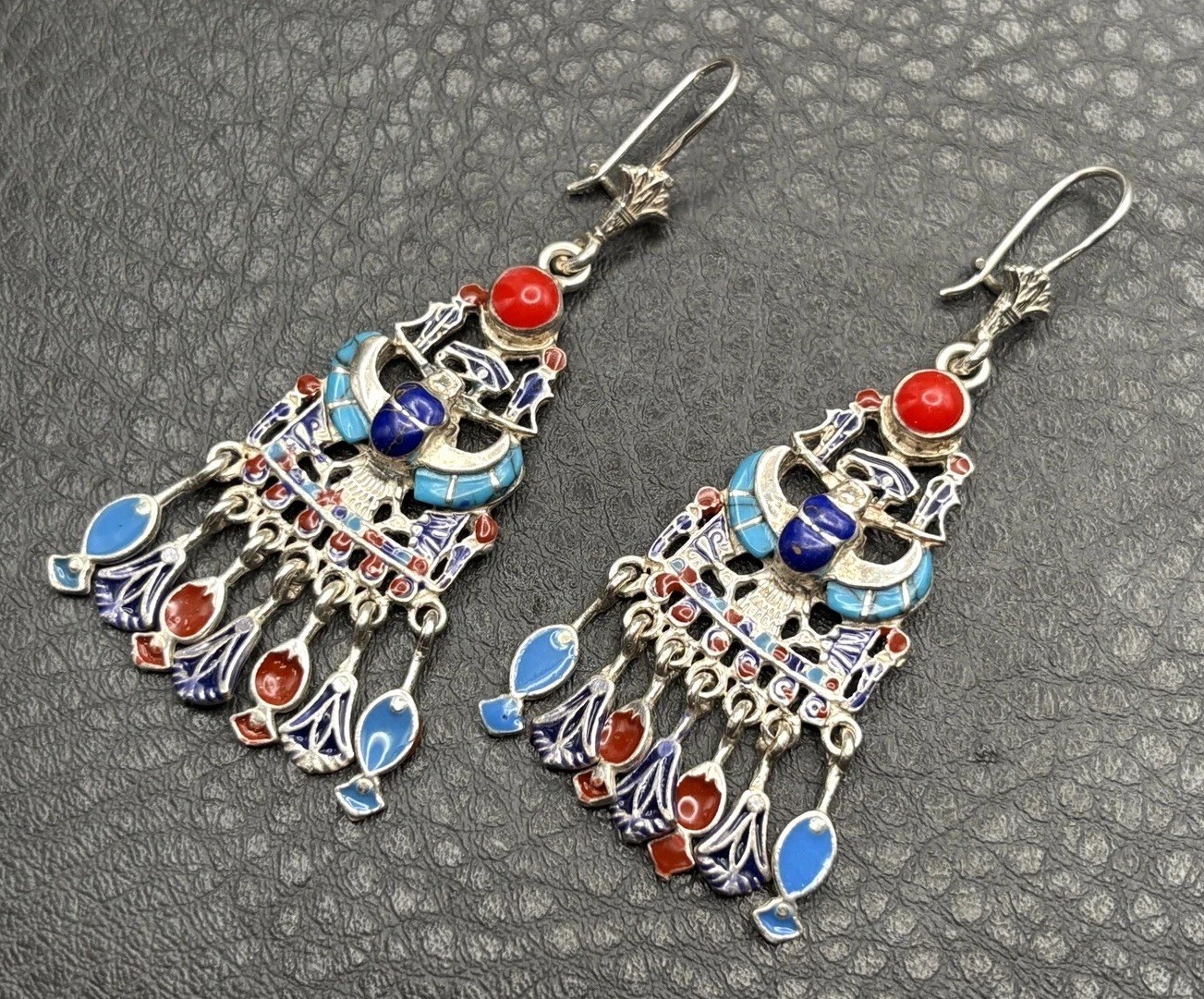 Sterling Silver Egyptian Revival Enamel Chandelier Earrings Scarab Hieroglyph