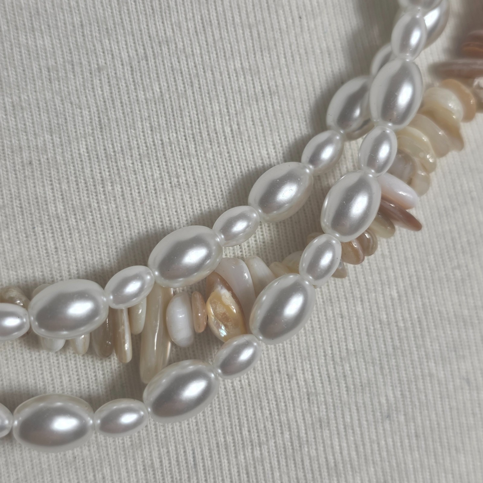 Vintage Inspired Multi-Strand Necklace Faux White Pearls & Earthtone Shell Chips