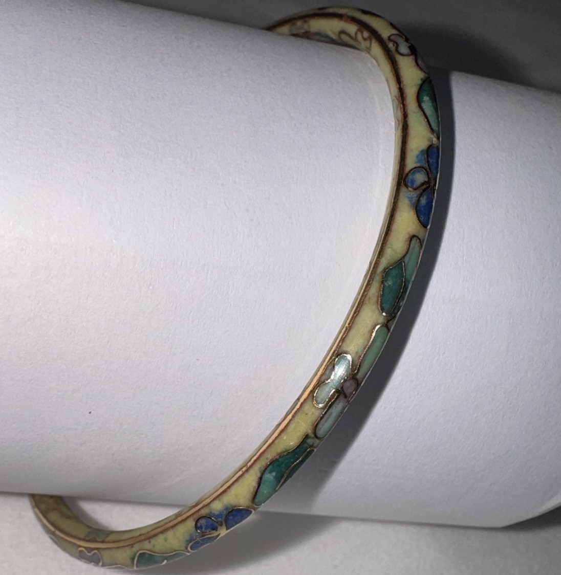 Vintage Cloisonne Floral Bangle Bracelet Enamel Gold Tone Yellow Green Pink Blue