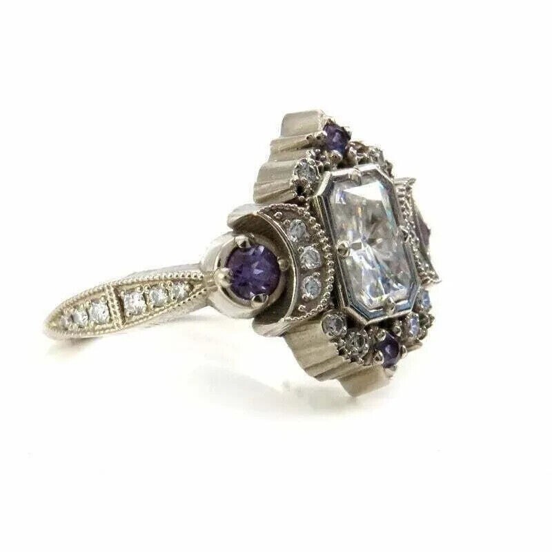 Vintage Style Art Deco Lab Created Diamond Moon Goddess Engagement Silver Ring